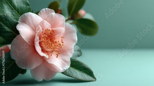 Soft Pink Camellia Flower with Green Leaves on Pastel Background
