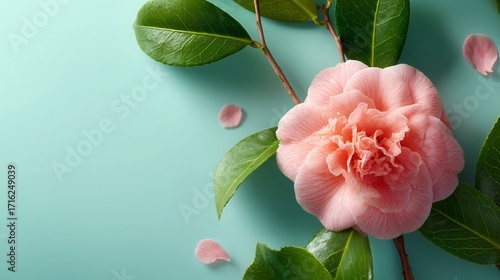 Soft Pink Camellia Flower with Green Leaves on Pastel Background
