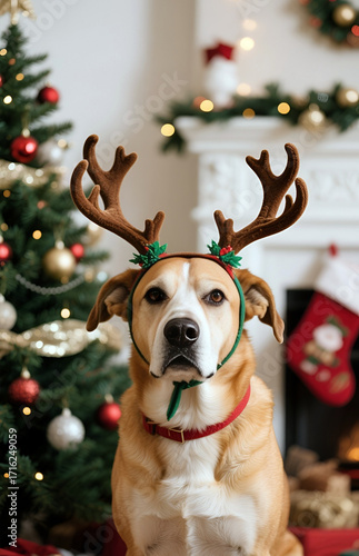 Golden dog wearing antlers looking unimpressed next to a christmas tree. Ai