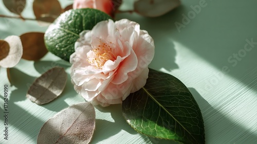 Soft Pink Camellia Flower with Green Leaves on Pastel Background
