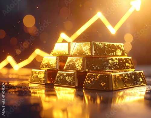 Luxurious Gold Bars with Warm Lighting and Upward Financial Arrow