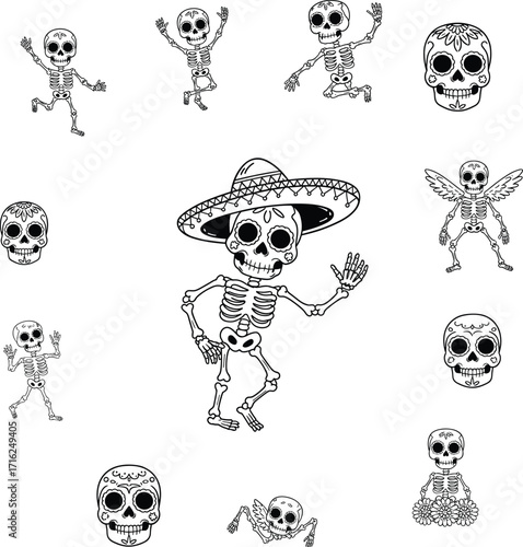 Vibrant Day of the Dead skeleton illustrations featuring dancing, skulls, and festive designs perfect for Halloween and cultural celebrations
