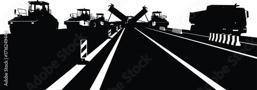 silhouette, road, construction, roller, dump, truck, unload, material, lane, barrier, site, vector, black, icon, design, industrial, project, engineering, infrastructure, worksite