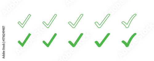 Vector check mark icon set. A collection of green symbols in solid and outline styles for approval, done, success, or correct signs