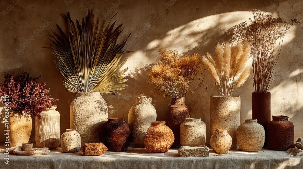 Fototapeta premium Tabletop arrangement ceramic vases organic shapes dried flowers linen textiles soft earthy aesthetic sunlight shadows