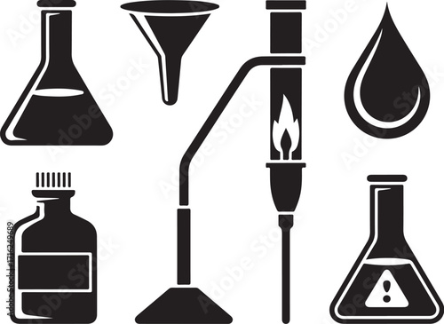 Science lab equipment icons for research and discovery