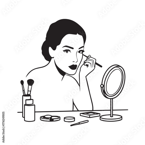 Black and white line art of a beautiful woman doing makeup at dressing table with mirror illustration

