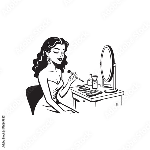 Black and white line art of a beautiful woman doing makeup at dressing table with mirror illustration
