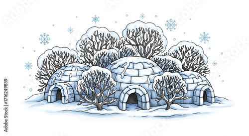 Igloo village with snow trees and winter scenery