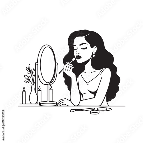 Black and white line art of a beautiful woman doing makeup at dressing table with mirror illustration
