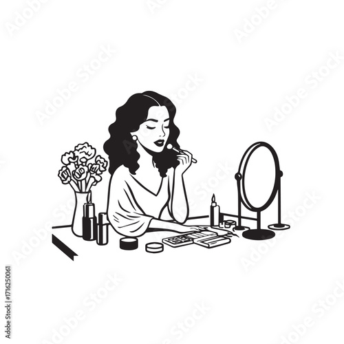 Black and white line art of a beautiful woman doing makeup at dressing table with mirror illustration
