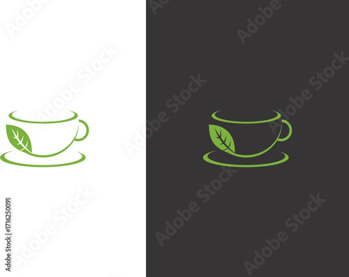 coffee cup and tea set on green tea cup drink logo