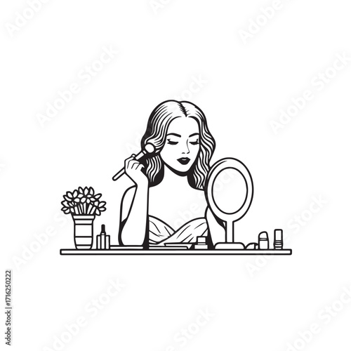 Black and white line art of a beautiful woman doing makeup at dressing table with mirror illustration
