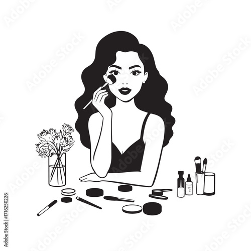 Black and white line art of a beautiful woman doing makeup at dressing table with mirror illustration
