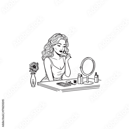 Black and white line art of a beautiful woman doing makeup at dressing table with mirror illustration
