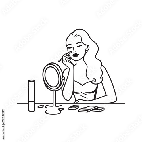 Black and white line art of a beautiful woman doing makeup at dressing table with mirror illustration
