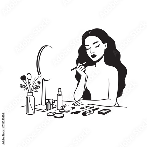 Black and white line art of a beautiful woman doing makeup at dressing table with mirror illustration
