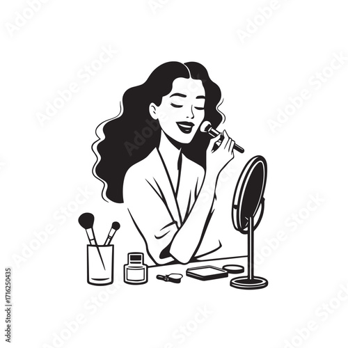 Black and white line art of a beautiful woman doing makeup at dressing table with mirror illustration
