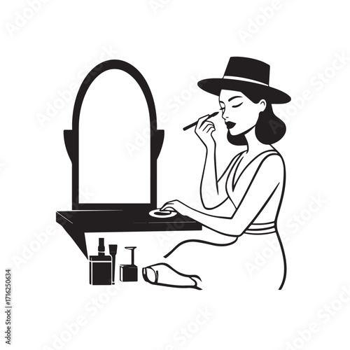 Black and white line art of a beautiful woman doing makeup at dressing table with mirror illustration
