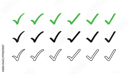 A versatile collection of check mark vector icons. Includes solid green, black, and simple outline versions for confirming tasks and approvals