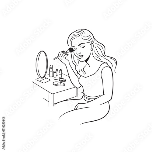 Black and white line art of a beautiful woman doing makeup at dressing table with mirror illustration
