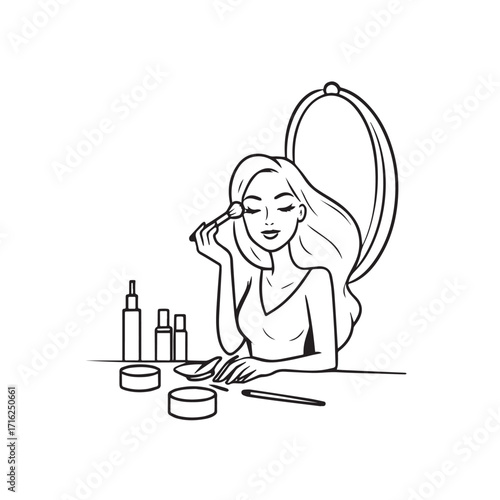 Black and white line art of a beautiful woman doing makeup at dressing table with mirror illustration
