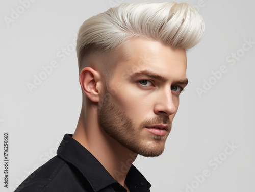 Barbershop model with stylish white haircut
