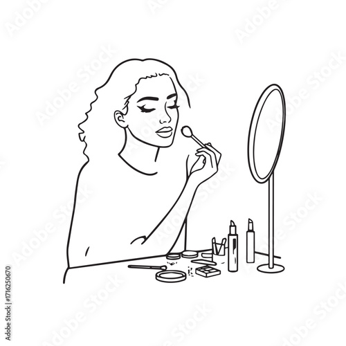 Black and white line art of a beautiful woman doing makeup at dressing table with mirror illustration
