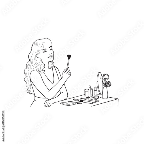 Black and white line art of a beautiful woman doing makeup at dressing table with mirror illustration
