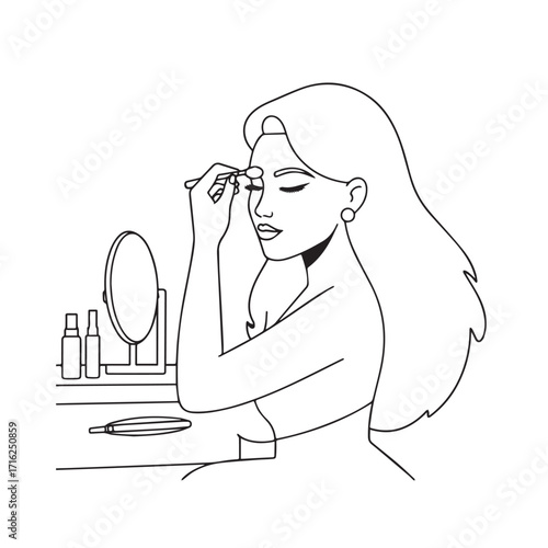 Black and white line art of a beautiful woman doing makeup at dressing table with mirror illustration
