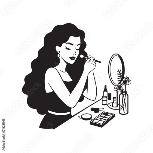 Black and white line art of a beautiful woman doing makeup at dressing table with mirror illustration
