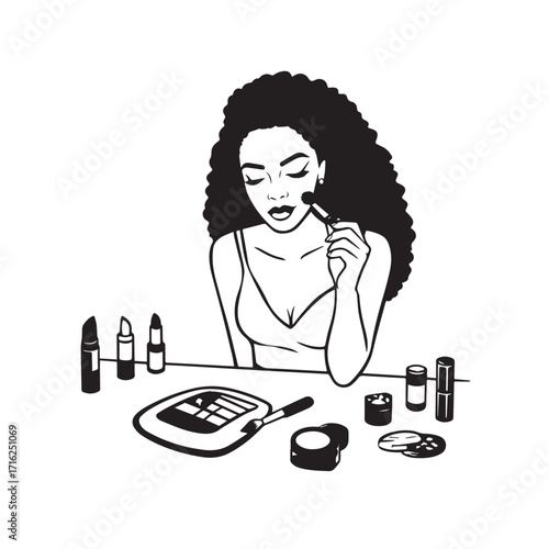 Black and white line art of a beautiful woman doing makeup at dressing table with mirror illustration
