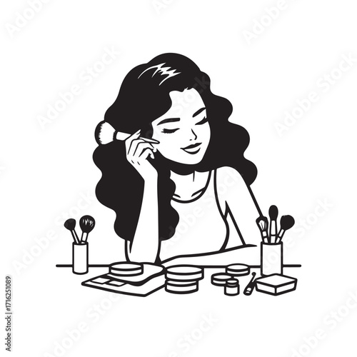 Black and white line art of a beautiful woman doing makeup at dressing table with mirror illustration
