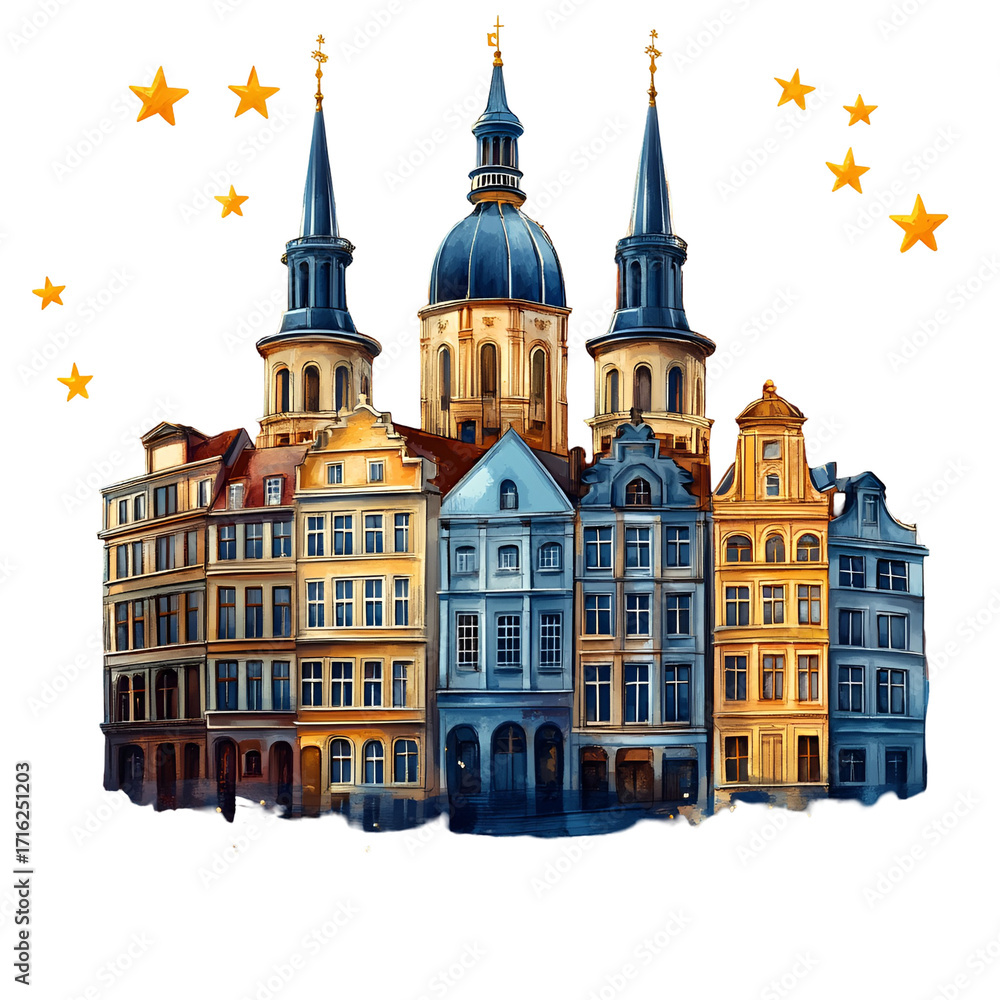 Naklejka premium Colorful european cityscape night illustration with transparent background