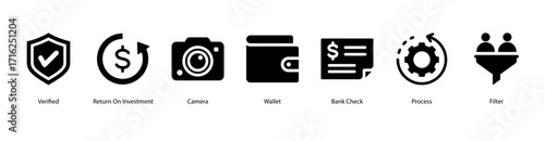 Financial Reporting web banner icon vector illustration featuring Verified, Return On Investment, Camera, Wallet, Bank Check, Process, and Filter for data accuracy and insight.
