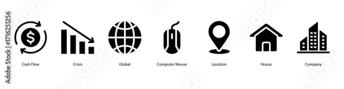 Financial Management web banner icon vector illustration featuring Cash Flow, Crisis, Global, Computer Mouse, Location, House, and Company for worldwide economic decision making.