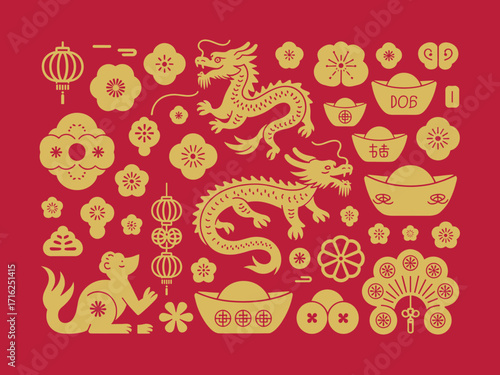Golden chinese new year decorations featuring a dragon symbolizing luck prosperity and fortune