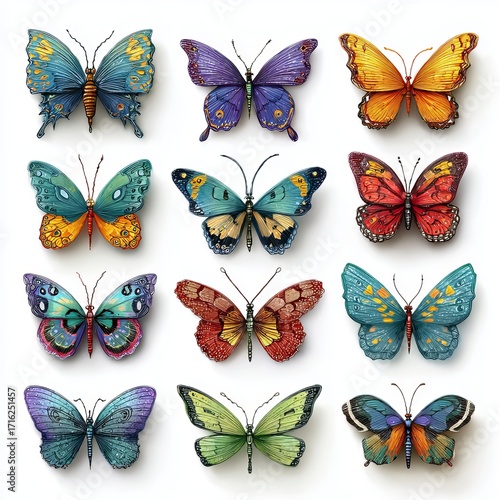 Butterflies in Colorful Flight: A vivid collection of butterflies showcasing intricate patterns and a kaleidoscope of colors. Each delicate wing tells a story of nature's artistry.