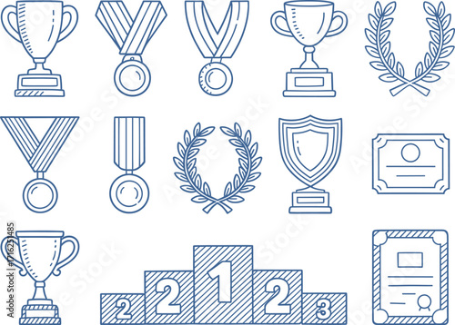 Collection of blue line art trophies medals certificates and podium symbols for achievement and victory