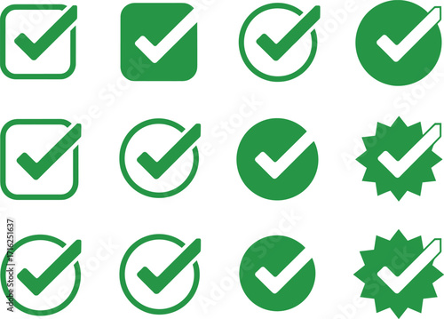 Diverse green checkmark icons for approval success decision making and verification