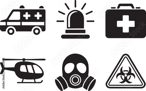 Emergency response icons ambulance helicopter gas mask medical