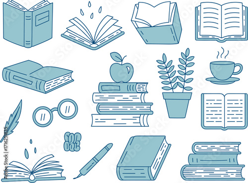 Hand drawn light blue books plants glasses coffee cup writing tools stationery objects collection graphic