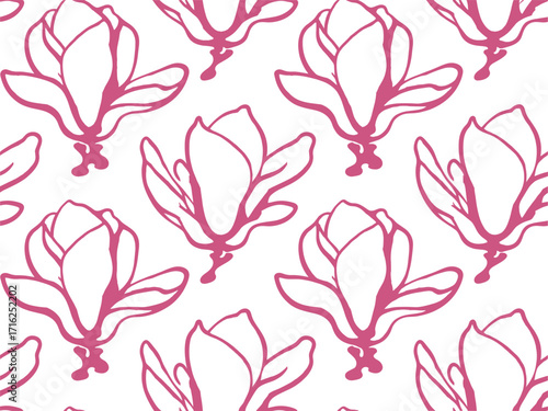 Seamless pattern of delicate stylized pink magnolia blossoms in artistic watercolor style