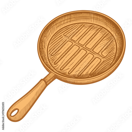 Grill pan in vintage style with wooden handle and lined surface  