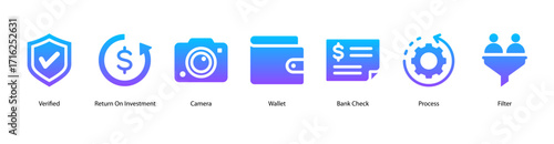 Financial Reporting web banner icon vector illustration featuring Verified, Return On Investment, Camera, Wallet, Bank Check, Process, and Filter for data accuracy and insight.