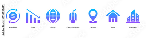 Financial Management web banner icon vector illustration featuring Cash Flow, Crisis, Global, Computer Mouse, Location, House, and Company for worldwide economic decision making.