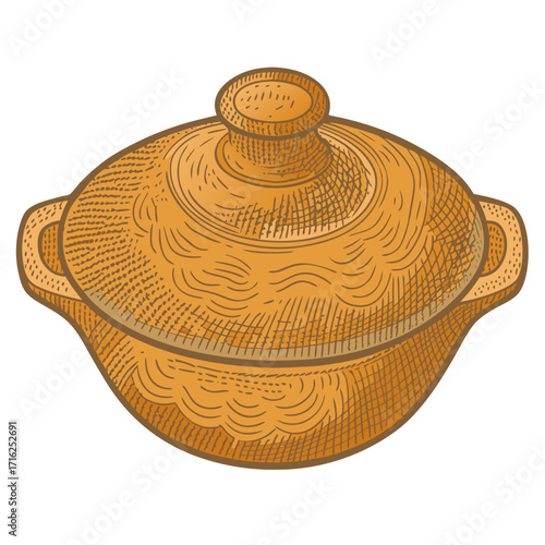 Clay pot with lid designed for cooking and serving food  