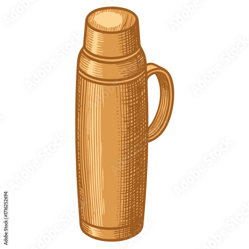Vintage thermos with handle in brown color on white background  