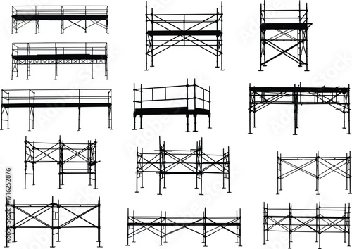 silhouette, scaffolding, structure, frame, platform, support, brace, beam, construction, site, equipment, vector, black, icon, design, hardware, industrial, worksite, architecture, project