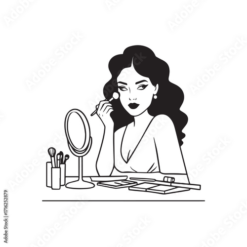 Black and white line art of a beautiful woman doing makeup at dressing table with mirror illustration